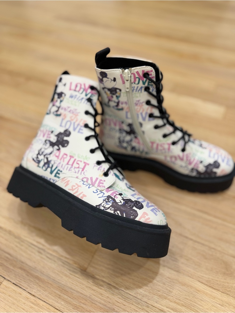 Mickey Graphic Print Lace-Up Platform Boots